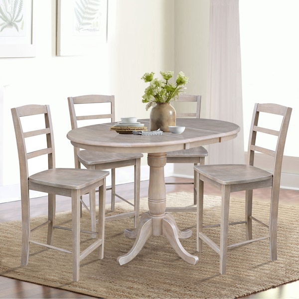 Round 36 In Rd Extend Dining Table,4 Counter Ht Stools,Gray Taupe, 36 In W X 48 In L X 35 In H